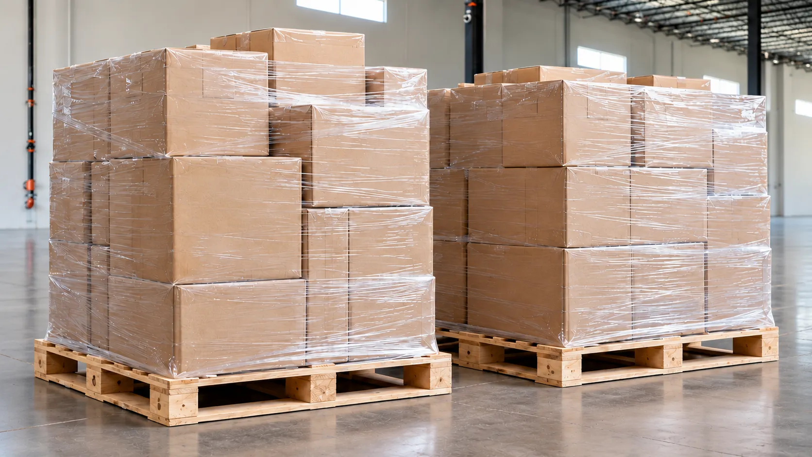 Shrink-wrapped pallets ready for pickup