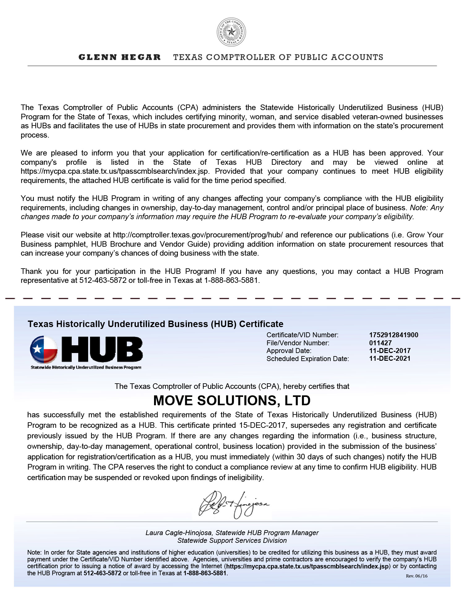 Texas Historically Underutilized Business (HUB) Certificate